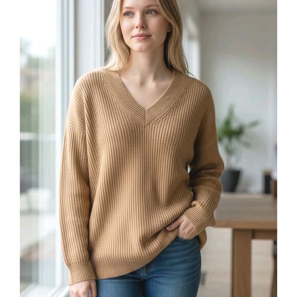 Aritzia Babaton Roger Sweater Merino Wool Tan Brown V Neck Ribbed Womens XS - Picture 1 of 11